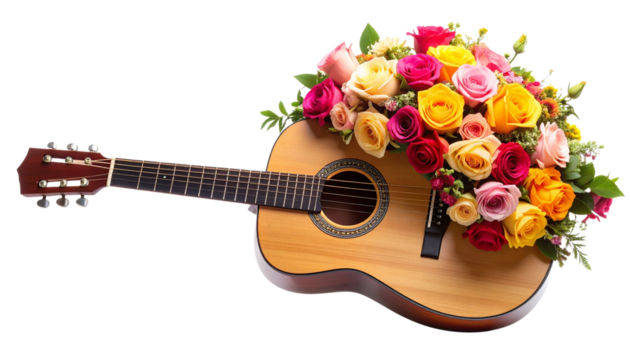 Elegant acoustic guitar adorned with vibrant colorful roses and floral arrangements, celebrating musical beauty isolated on solid white background Png