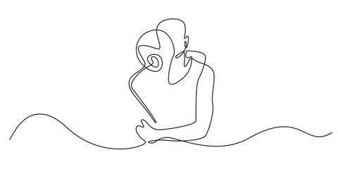 Continuous line drawing of a man and woman in an intimate embrace. Minimalist romantic artwork symbolizing love, passion, and sensual connection in modern line style