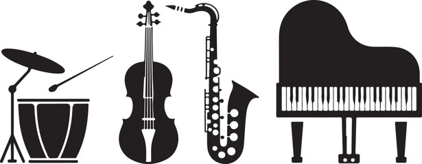 Black silhouette musical instruments drum violin saxophone piano cymbal stick