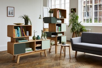 Fototapeta premium Modern wooden shelving unit and sofa in a bright living room.