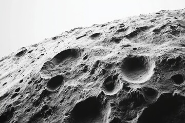 Texture of the moon's surface with craters in grayscale photography, Space exploration and geology concept. Close up rocky surface with many craters, surface is dark.