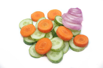 Fresh carrot _Cucumber_Onion salad on white background 