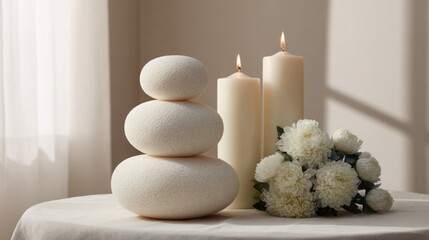 Serene zen stones and ivory candles exude tranquility, perfect for Spa Day or World Meditation Day celebrations