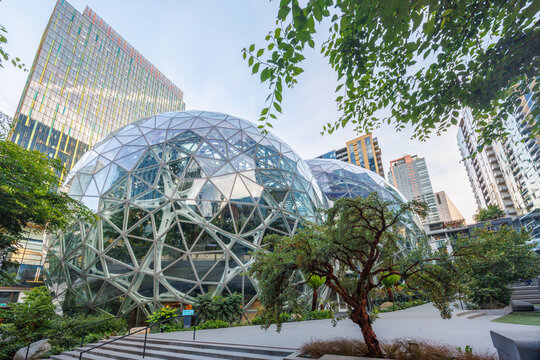 Seattle, Washington, USA - May 22, 2025: The Spheres in Seattle, glass-domed structures