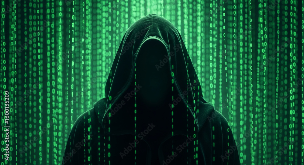Aufkleber dark figure in hooded cloak against a background of green binary code, symbolizing anonymity, secrec