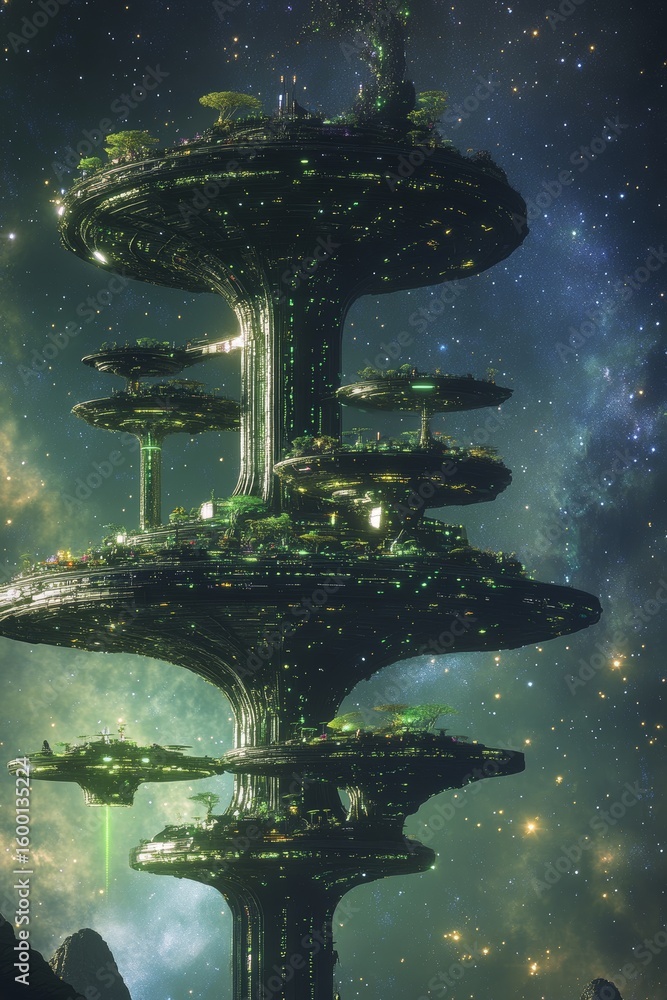 Poster tall green building with many levels and a green tree on top. the building is surrounded by stars an