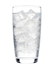 A refreshing tall glass of cold sparkling carbonated water with many ice cubes and rising bubbles, isolated on a clean transparent background PNG. © Photo Find