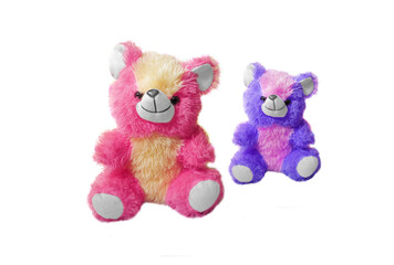 two teddy bears pink and violet isolated on white background.