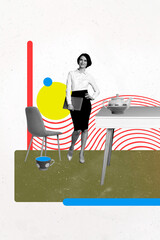 Trend artwork collage template sketch of businesswoman stand table hold laptop teapot cup break...