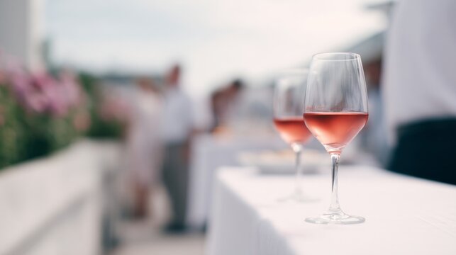 Rose wine glasses glisten under a sunlit sky, embodying summer solstice gatherings and National Rose Day elegance in vivid tranquility