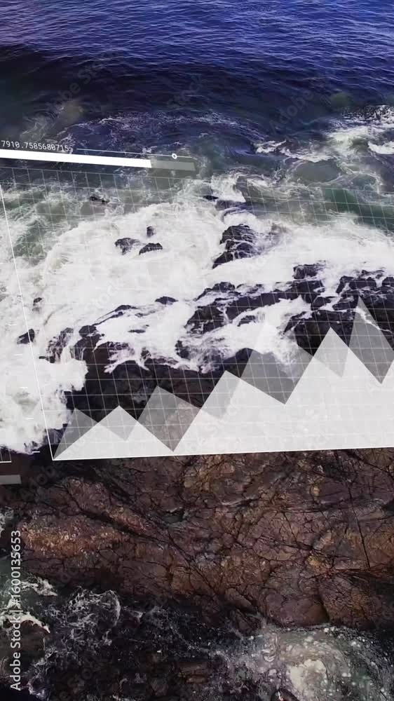 Poster animation of statistical data processing over aerial view of sea waves hitting the rocks