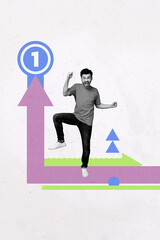 Image surreal collage of person guy win direct way arrows increase first place on pastel background