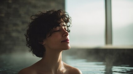 Tranquil young Latina woman savors ethereal mist in serene onsen retreat, embracing World Bathing Day's meditative solace