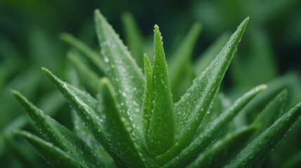 Dew-kissed aloe leaves, emerald wonderland, Earth Day renewal, succulent whispering with hydration and tranquility, plant zen moments