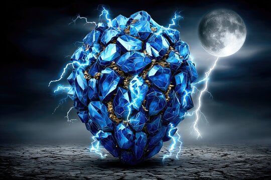 Blue crystalline sphere, fractured, illuminated by lightning, under a moonlit sky