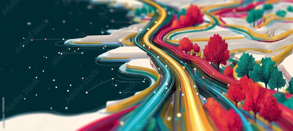 Poster vibrant lines converge to create an abstract landscape with colorful trees and dynamic movement