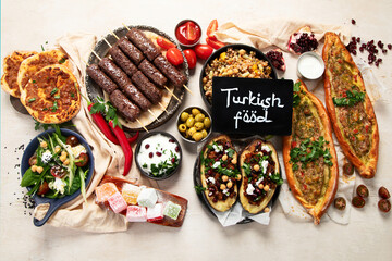 Assorted Turkish food and meze, tasty and healthy Mediterranean cuisine.