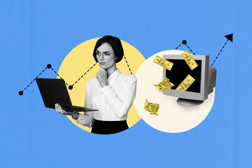 Trend artwork sketch montage 3D collage of young businesswoman work laptop computer monitor money...