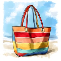 Colorful striped beach bag on sandy shore with ocean and sky background