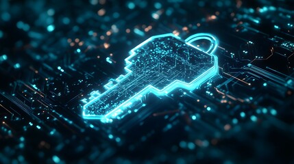 Glowing blue digital key symbolizing cybersecurity and data protection
