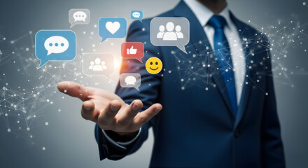 "Businessman Interacting with Social Media Icons and Digital Communication in Modern Technology Environment"