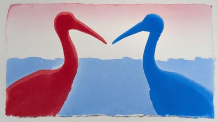 Serene red and blue crane silhouettes face off in a minimalist dance of contrasts, echoing yin-yang balance and harmony