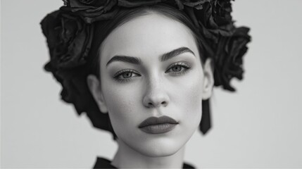 In a grayscale whisper of gothic elegance, a mysterious woman dons a floral crown, evoking Dia de Muertos and ethereal beauty