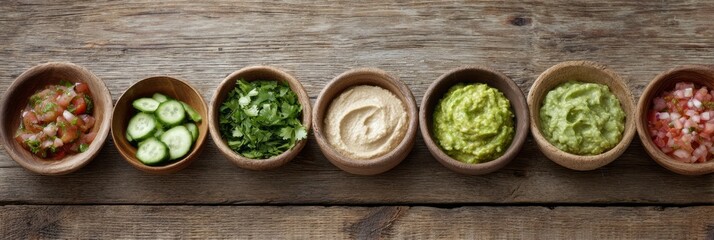 Rustic wooden bowls cradle vibrant dips, evoking a culinary fiesta, rich in cilantro whispers and ancient Mesopotamian hummus tales