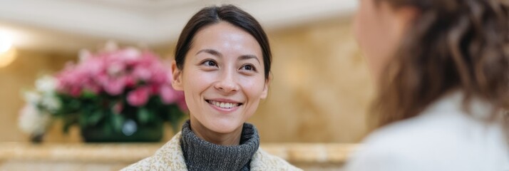 Asian woman exuding warmth converses amid a bouquet-filled room, capturing hospitality essence, resonating with Tsukimi and midwinter celebrations