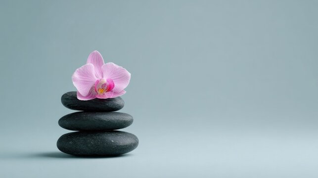 Balancing serenity, the pink orchid crowns zen stones, echoing tranquility for Metta Day and World Mindfulness Month