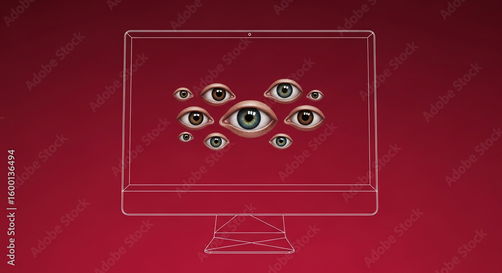 Fototapete computer screen outline on red background, showcasing multiple eyes, symbolizing online surveillance