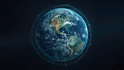 Obraz premium Futuristic digital Earth with orbit lines, symbolizing tech, data, and global connectivity. 