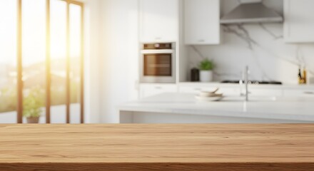 Wooden Table on Blurred Kitchen Background with Cozy Shelf and Modern Minimalist Home Interior Design