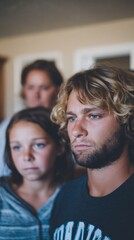 Obraz premium Pensive beachside moment captured, with a thoughtful Caucasian man and child, evoking Quiet Day and Unplugging Day reflections