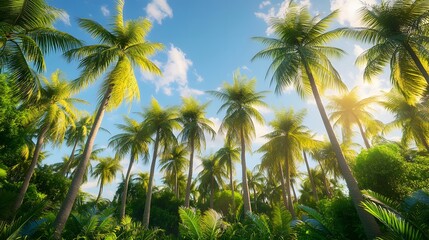 Lush green palm trees reaching towards a bright blue sky with sunbeams