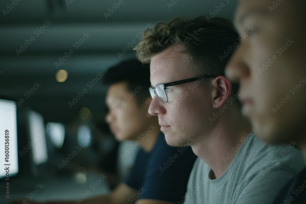 Poster in the glow of computer screens, focused caucasian and asian males delve into code, reminiscent of c