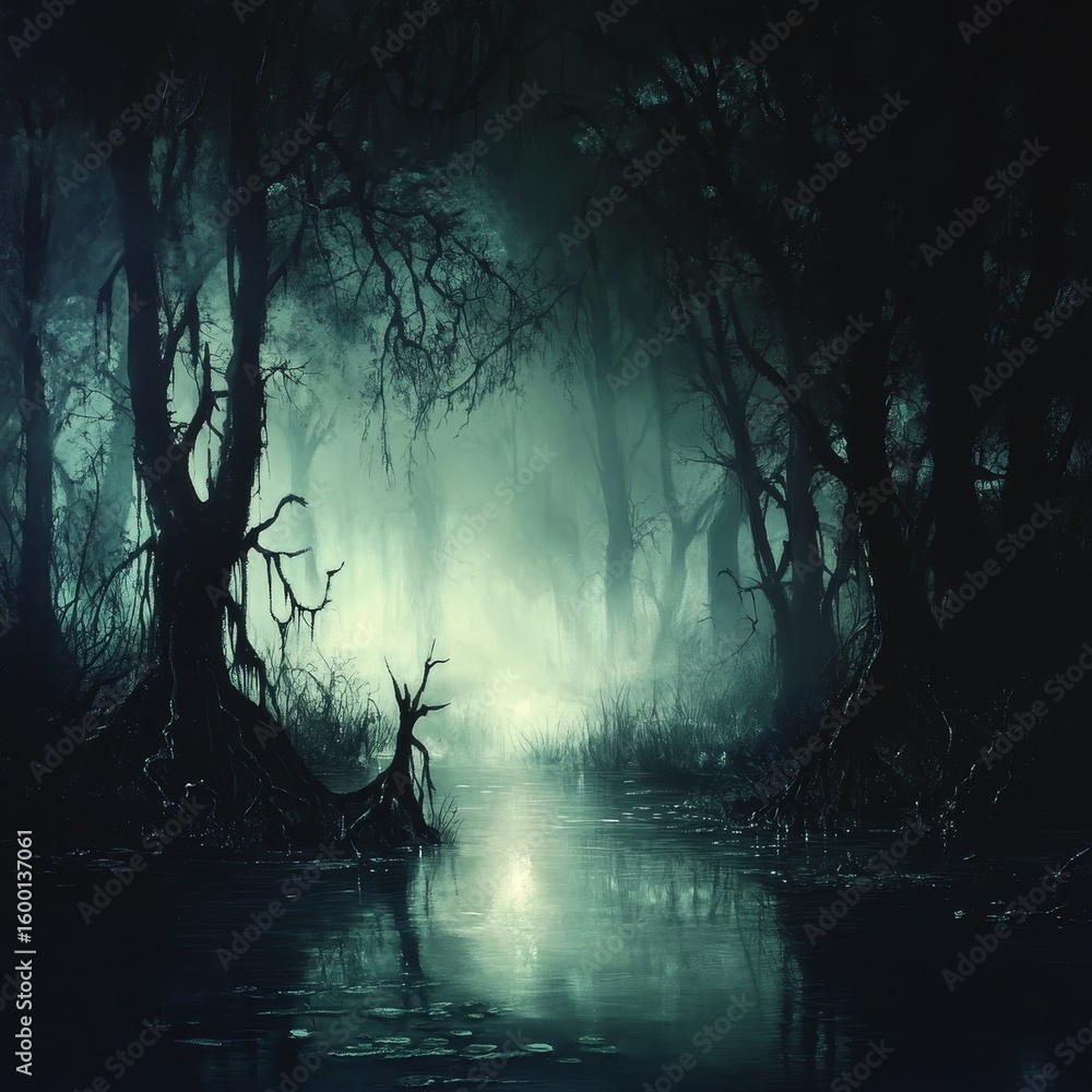Poster dark forest with a river running through it. the trees are twisted and gnarled, and the water is mur