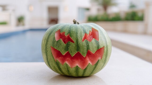 Carved watermelon masquerading as a mischievous jack-o'-lantern, blending summer's harvest with Halloween's eerie charm, perfect for quirky garden parties and Midsummer Day celebrations