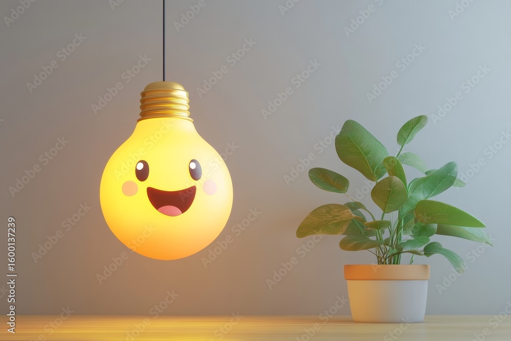 Poster a cheerful light bulb with a smiling face hangs above a small plant in a minimalist setting, creatin
