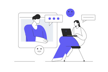 Video chatting web concept. Woman talking to man by video calling using laptop, connecting with virtual friends. Flat Cartoon Vector Illustration, icon. Stylish abstract design landing page
