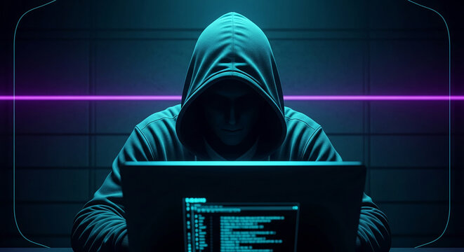 Hooded figure working on laptop in dark room, illuminated by neon light, representing cybersecurity, hacking, or digital anonymity