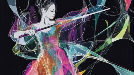 Asian woman with a katana blade in mid-swing, in a bucolic land at night in a black background with twinkling stars, surreal, Spectral acid color geometry X-ray of a woman taking flight in the style o