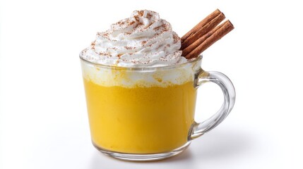 Creamy pumpkin spice latte crowned with cinnamon sticks, evokes autumnal warmth, cozy Hygge vibes, and spiced harvest festivity