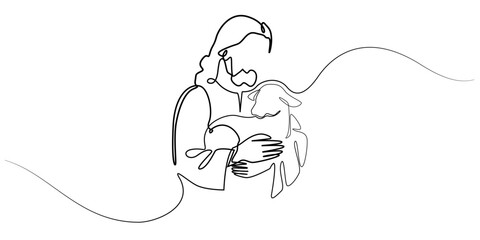 Line art of Jesus gently holding a lamb. One-line minimalist illustration symbolizing love, care, and the role of the Good Shepherd in Christian belief