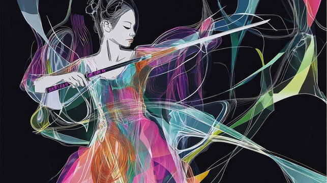 Asian woman with a katana blade in mid-swing, in a bucolic land at night in a black background with twinkling stars, surreal, Spectral acid color geometry X-ray of a woman taking flight in the style o