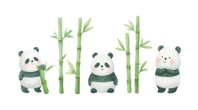 Three whimsical pandas cavort among verdant bamboo, embodying playful serenity, Lunar New Year charm, and Chi balance celebration