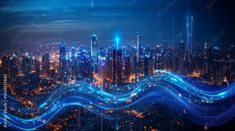 Poster smart city and infrastructure with cyber data connecting in futuristic urban visualization style