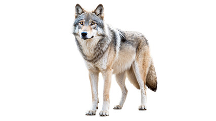 Obraz premium majestic grey wolf stands proudly against a white backdrop, its fur in the natural colors. The creatures piercing eyes reveal a sense of primal wisdom and power, capturing essence untamed wilderness