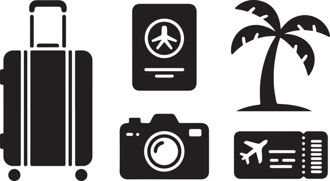 Travel icons suitcase passport camera palm tree ticket vector - Powered by Adobe