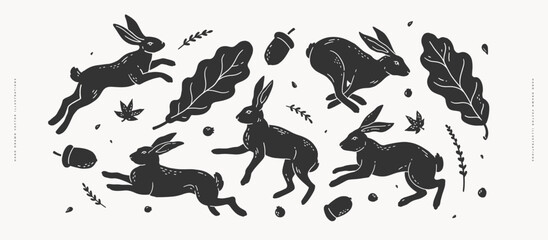 Hand-drawn illustration of running rabbits, oak leaves, acorns, and berries in vintage style. Woodland nature pattern for design and print.